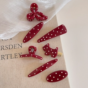 7-piece retro dark red hair clips set with white polka dots for women styling