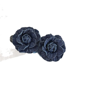 Blue denim rose hair clips set for women with tiered petals and durable metal hair grip