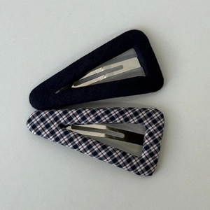 Set of two navy blue solid and plaid pattern fabric-wrapped triangular BB hair clips