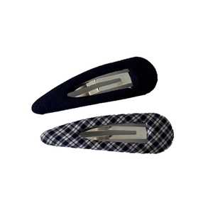 Navy plaid and solid blue fabric covered BB hair clips set for women in Korean style
