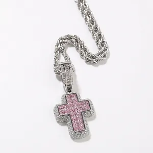 Collier Pendentif Croix en Cuivre Zirconia Rose Violet Hip Hop Style Urbain Occidental Bijoux Iced Out pour Hommes Femmes