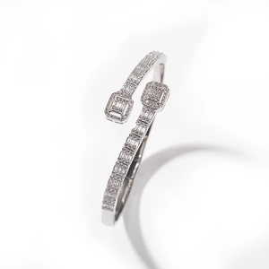 Close-up of geometric staggered cuff bracelet with pave-set shimmering zircons