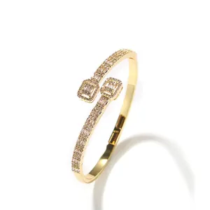 Hip Hop Brass Zirconia Bypass Bangle For Women Offset Square Micro Pave Gold Silver Plated Fashion Jewelry Open Bracelet