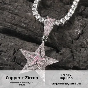Makroansicht der Hip-Hop-Sternkette mit rosa Zirkonia auf einer silbernen Tennis-Kette