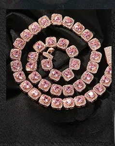Close-up of 9mm heart-cut pink zircon tennis necklace with rose gold plating