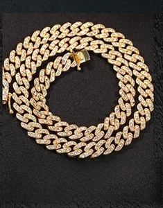 Detail of 9mm hip-hop Cuban link chain featuring iced-out rhinestones and box clasp