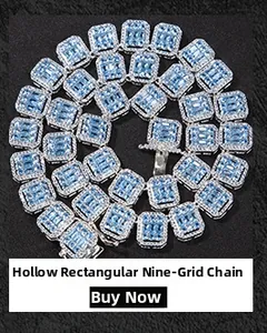 Detail of hollow rectangular hip hop chain links with micro-paved blue square zirconias