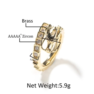 3D dragon head open ring in brass with AAA zircon stones on white background