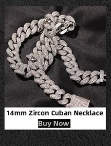 Close-up of 14mm silver zircon Cuban link chain with paved stones and square clasp