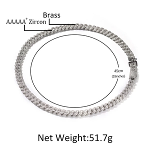Collier chaîne Cuban link argentée 9mm sertie de pierres zircone cubique AAAAA+