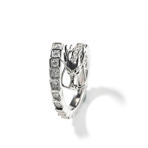 Chinese dragon open ring with sparkling square-cut zircons in polished silver-tone finish