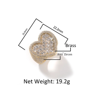 Gold plated heart ring with AAA+ zircons and square stones on polished brass