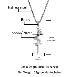 Pendentif dragon croix hip hop avec pierre rouge et oxydes de zirconium cubiques
