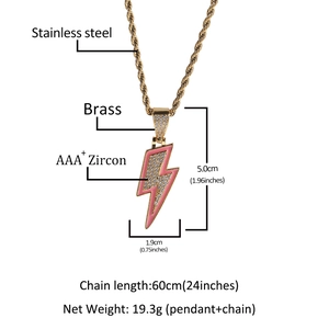Collar de hip hop con colgante de rayo con circonitas y cadena de cuerda dorada de 60cm