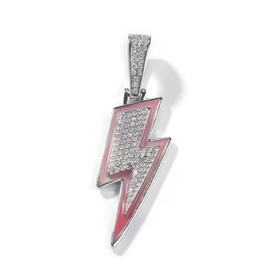 Collar con colgante de rayo hip hop con cristales y esmalte rosa de estilo moderno