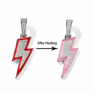Collar con Colgante de Rayo de Cobre Hip Hop para Hombre Cambio de Color Termosensible Esmalte Strass Pave Cadena de Cuerda Joyería