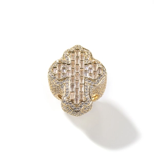 Detailed top view of gold hip-hop ring with cross design and pave set cubic zirconia
