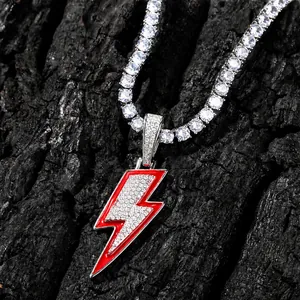 Collar con colgante de rayo hip hop y cristales en cadena de tenis para hombre