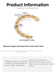 Detailed view of 14.5mm wide Cuban link bracelet in gold copper with AAA cubic zirconia