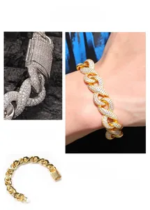 Detail of hip hop Cuban link bracelet featuring full pavé diamonds and square clasp