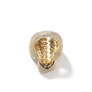 Detail view of gold leopard ring showing premium honeycomb gallery and iced out stones