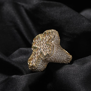 Hip-hop style gold cross ring for men with micro-pave zircons on black silk background