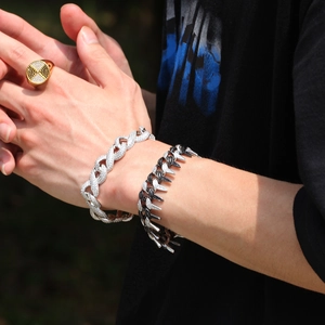 Hip hop jewelry set featuring silver zircon Cuban chain and spiked rhinestone bracelets