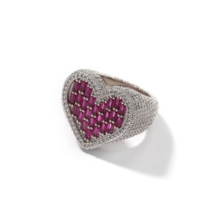 Luxury heart-shaped ring with red baguette-cut stones and micro-pave zirconia in white gold finish
