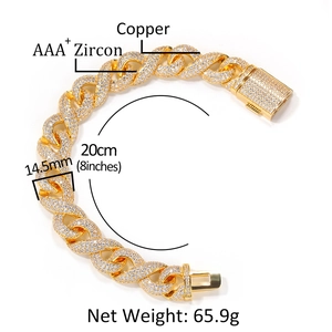 14.5mm gold Cuban link bracelet made of copper with AAA+ zircon stones in hip hop style