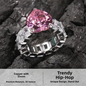 Macro shot of large pink heart-shaped cubic zirconia set on a copper hip-hop ring