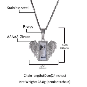 Hip hop custom rectangle photo pendant with angel wings and AAAAA+ zircon stones