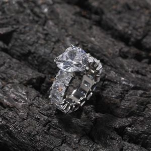 Macro detail of silver-tone heart-shaped zircon ring with full baguette-cut stone band