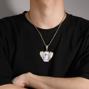 Hip hop style gold wing photo locket necklace with sparkling pave set crystals