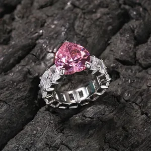 Hip Hop INS Style Heart Zirconia Ring For Women Copper Inlaid Pink White Zircon Gold Silver Plated Trendy Rings Jewelry