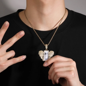 Gold angel wing photo locket necklace with rectangular frame and rope chain for women