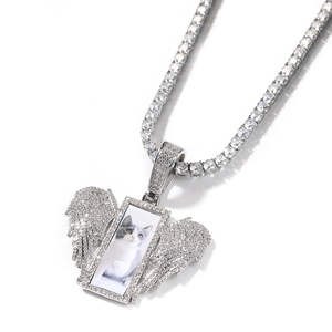 Hip hop silver wings pendant necklace with custom photo rectangular frame and tennis chain