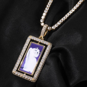 Collier photo rotatif hip hop avec chaîne tennis dorée et zircons étincelants