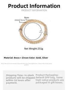 Detailed size chart for 19mm hip hop cuban link chain featuring 5A zircon inlay specifications