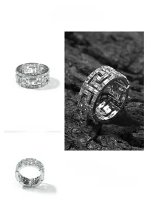 Detailed macro view of hip hop ring with silver finish, square zircon and hollow patterns