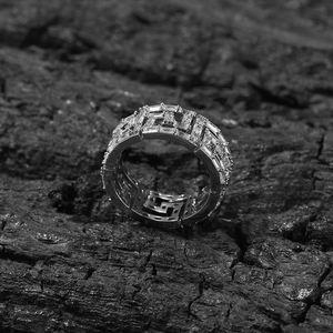 Mens hip hop Greca pattern silver ring with pavé-set rectangular cubic zirconia stones