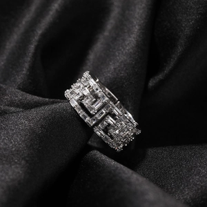 Silver mens hip hop ring with geometric pattern and clear square zircon stones