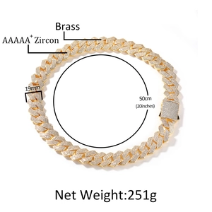 19mm iced out Cuban link chain necklace with gold plating and AAAAA+ cubic zirconia stones