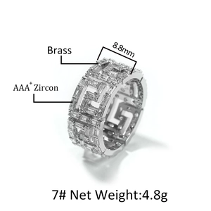 Mens hip hop geometric silver hollow ring with AAA+ zircons and brass base