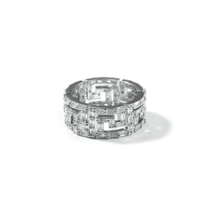 Men's wide silver Greek key ring with rectangular cubic zirconia in hollow hip hop design