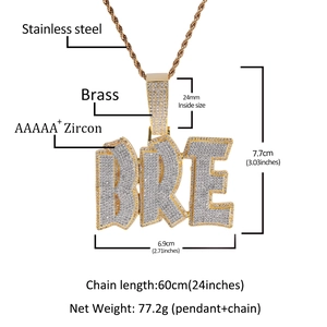 Collana hip hop con pendente lettere BRE dorato con zirconi AAAAA+ e catena in acciaio da 60cm