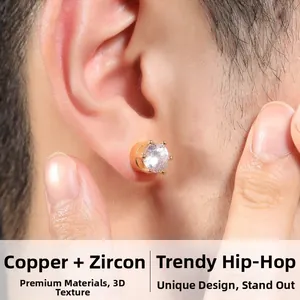Detailed close-up of 8mm gold zircon stud earring featuring hip-hop style on model ear