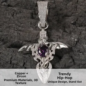 Close-up of hip hop pendant with purple zircon and cubic zirconia on carbonized wood