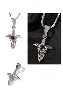 Detailed view of hip hop sword pendant with wings, purple zircon and silver plating