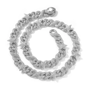 Iced out 10mm Cuban link chain with crystal star charms in high-polished silver finish