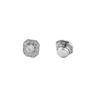 Detail of silver octagon magnetic earring with round cubic zirconia and small stones